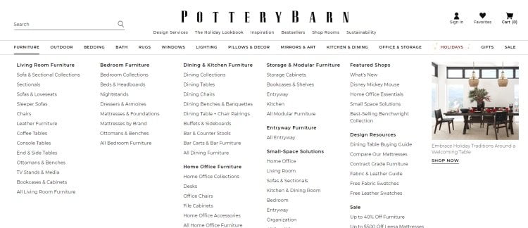 potterybarn WooCommerce navigation patterns