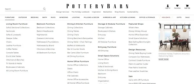 potterybarn WooCommerce navigation patterns