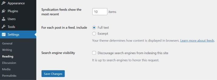 WordPress settings reading