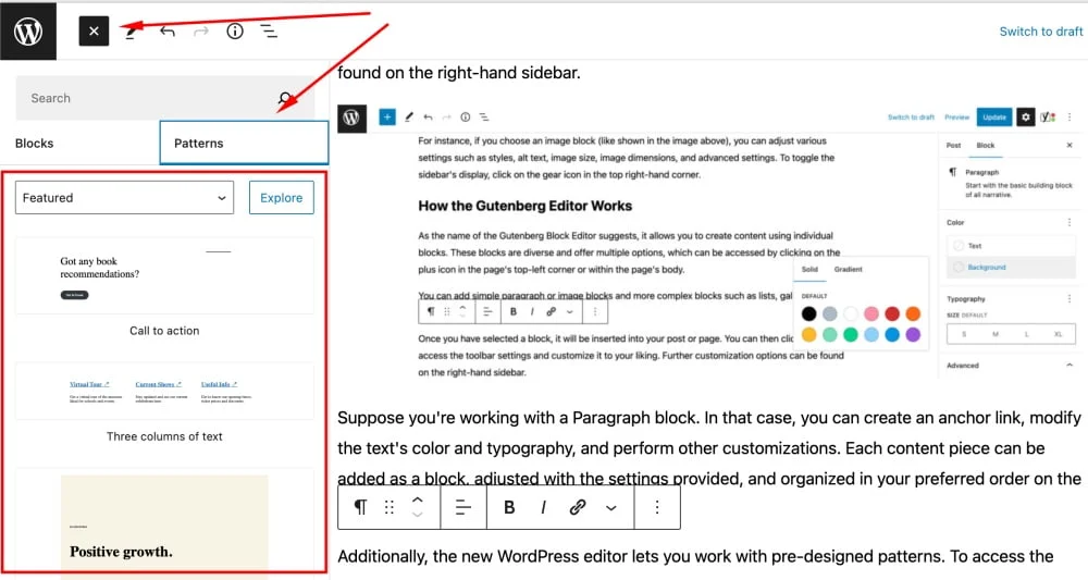 Gutenberg patterns tab