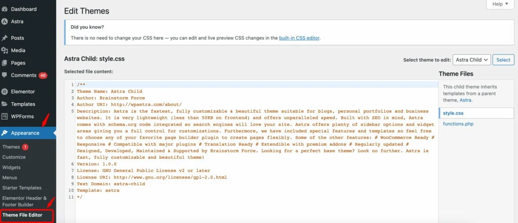 WordPress backend theme file editor