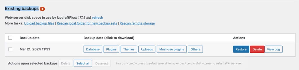 restore from backup wordpress