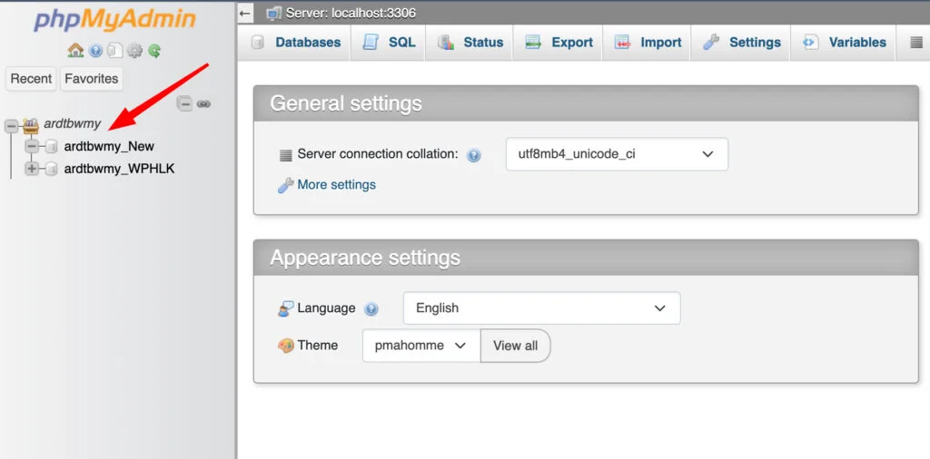 wordpress export database