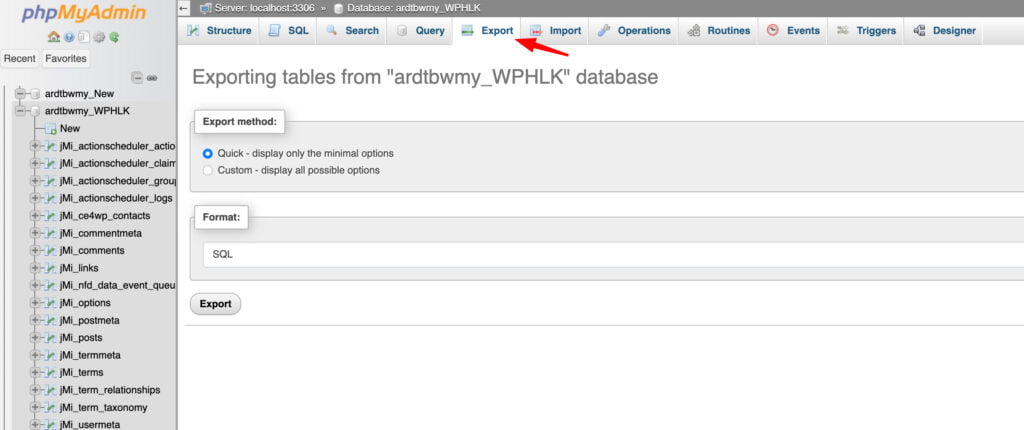export wordpress db