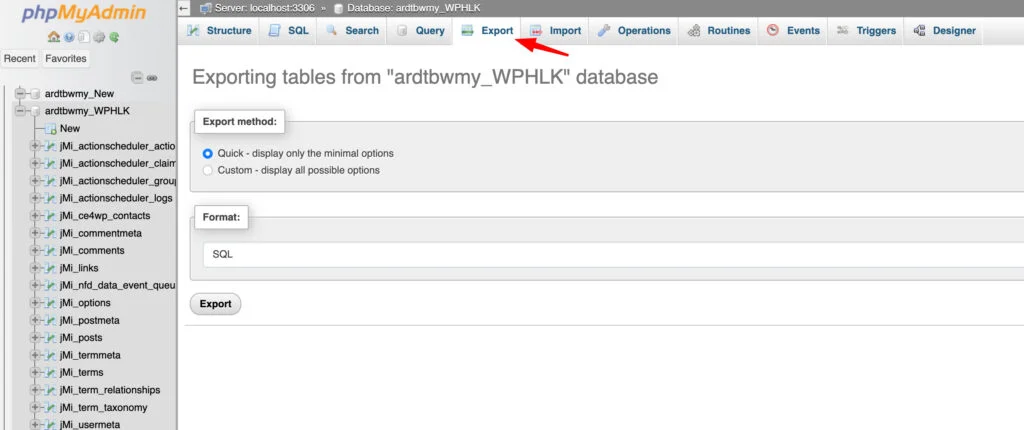 export wordpress db
