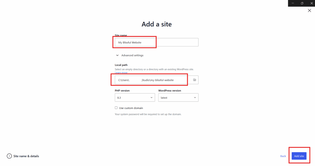 Add a site on WordPress Studio