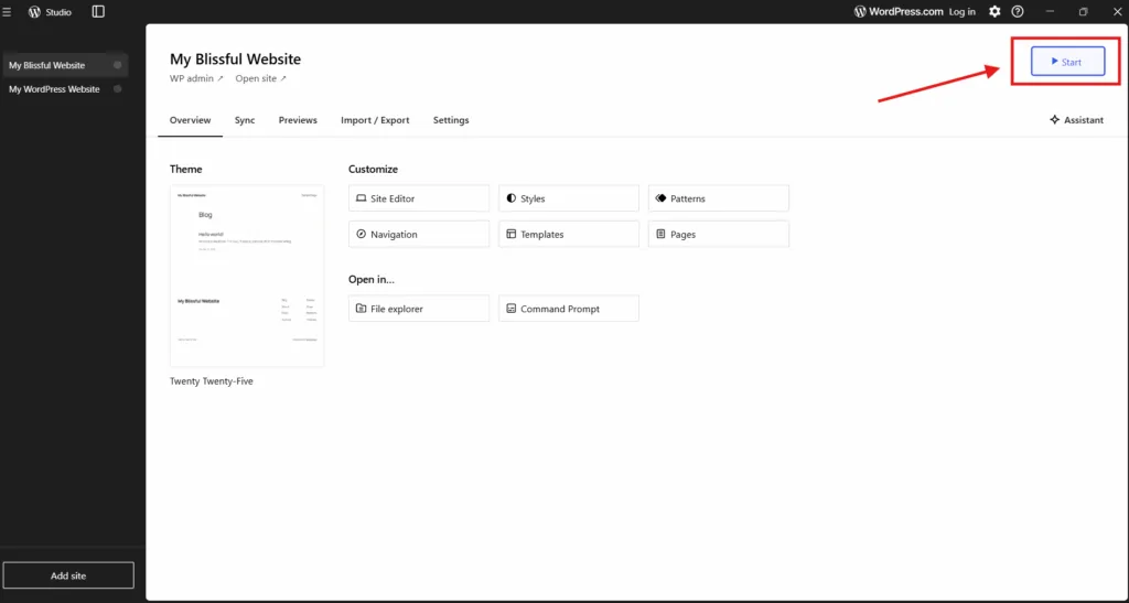 Launch the site on WordPress Studio