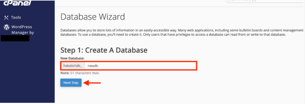 Create database via hosting panel