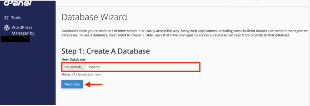 Create database via hosting panel