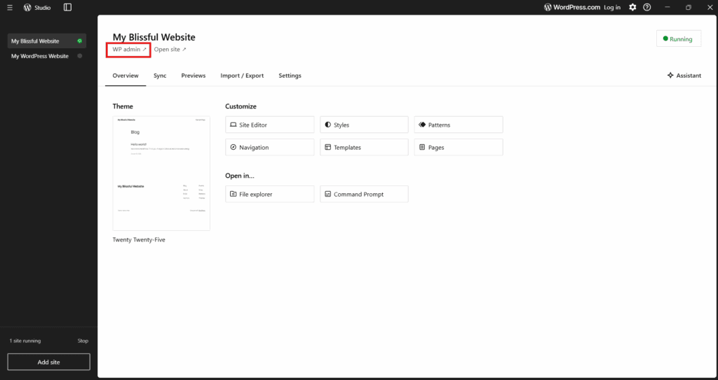 Admin panel WordPress Studio