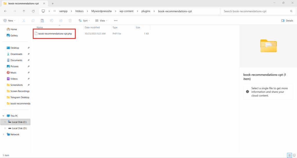 Create a PHP file inside the folder
