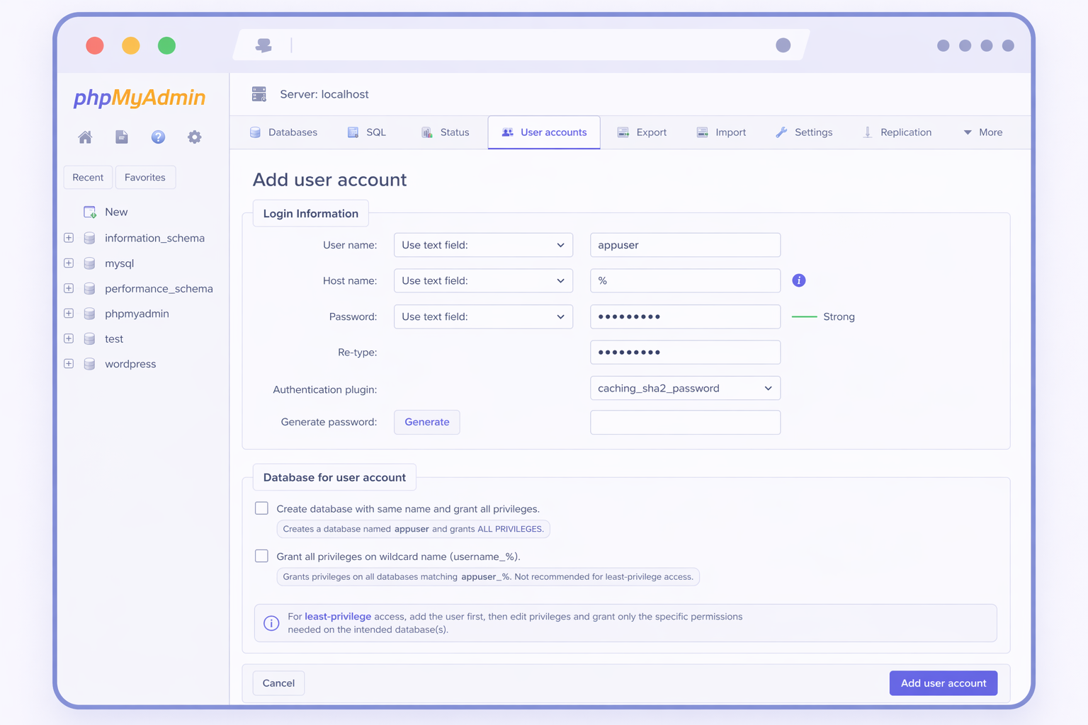 Add user account form