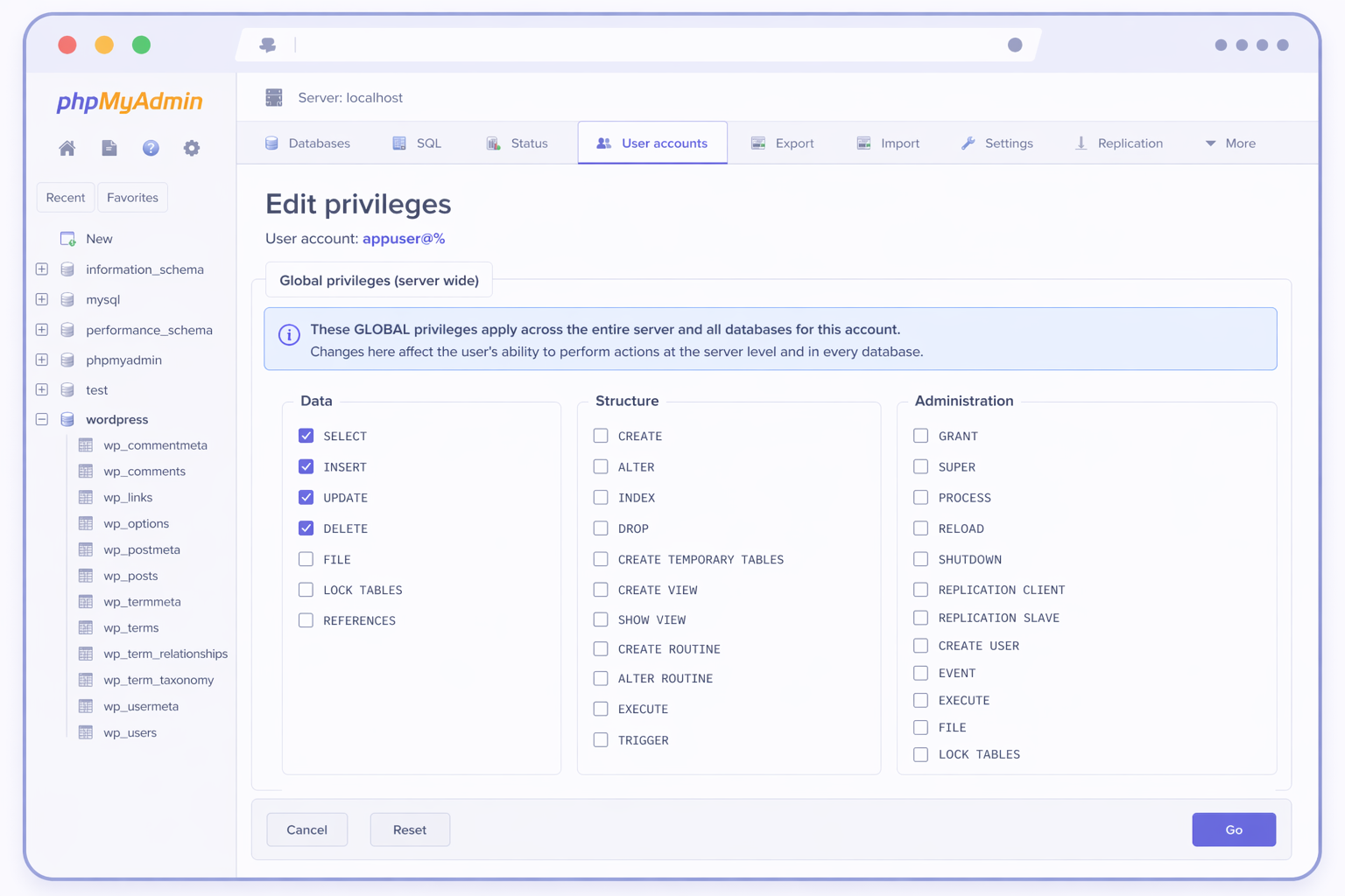 Global privileges grid (server-wide path