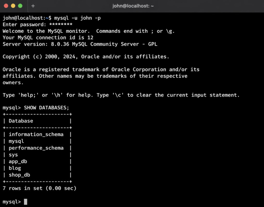 SHOW DATABASES output in the mysql client after login