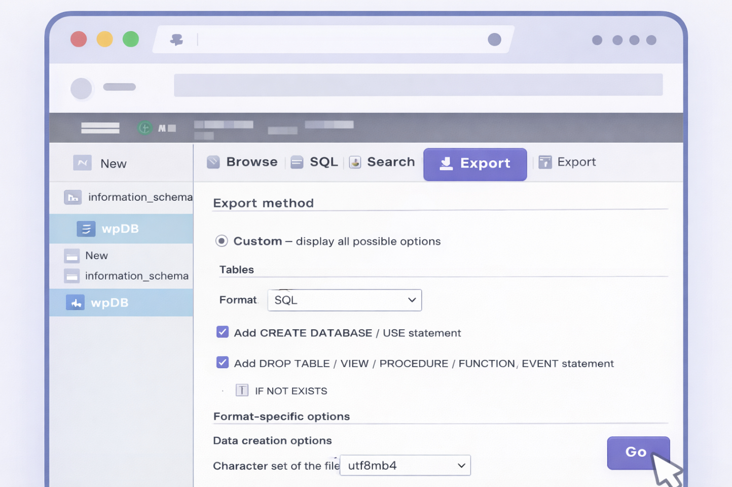 Migrate a WordPress Database with phpMyAdmin - export