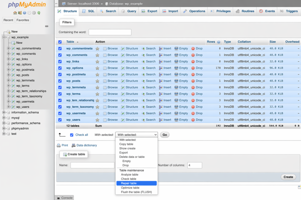 Repair the WordPress database in phpMyAdmin