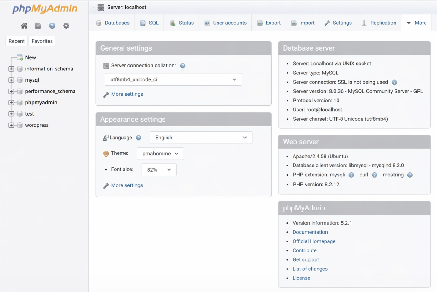 phpMyAdmin database list in the navigation pane
