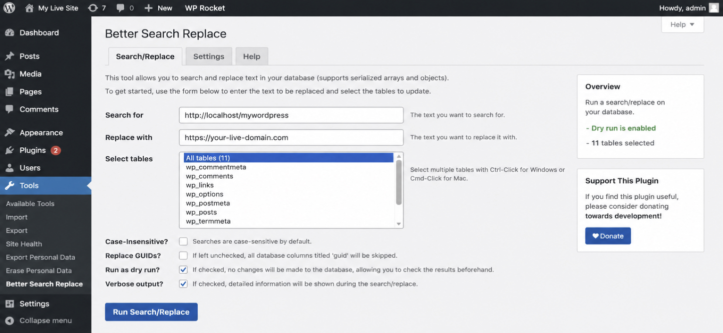 Better Search Replace on the LIVE install