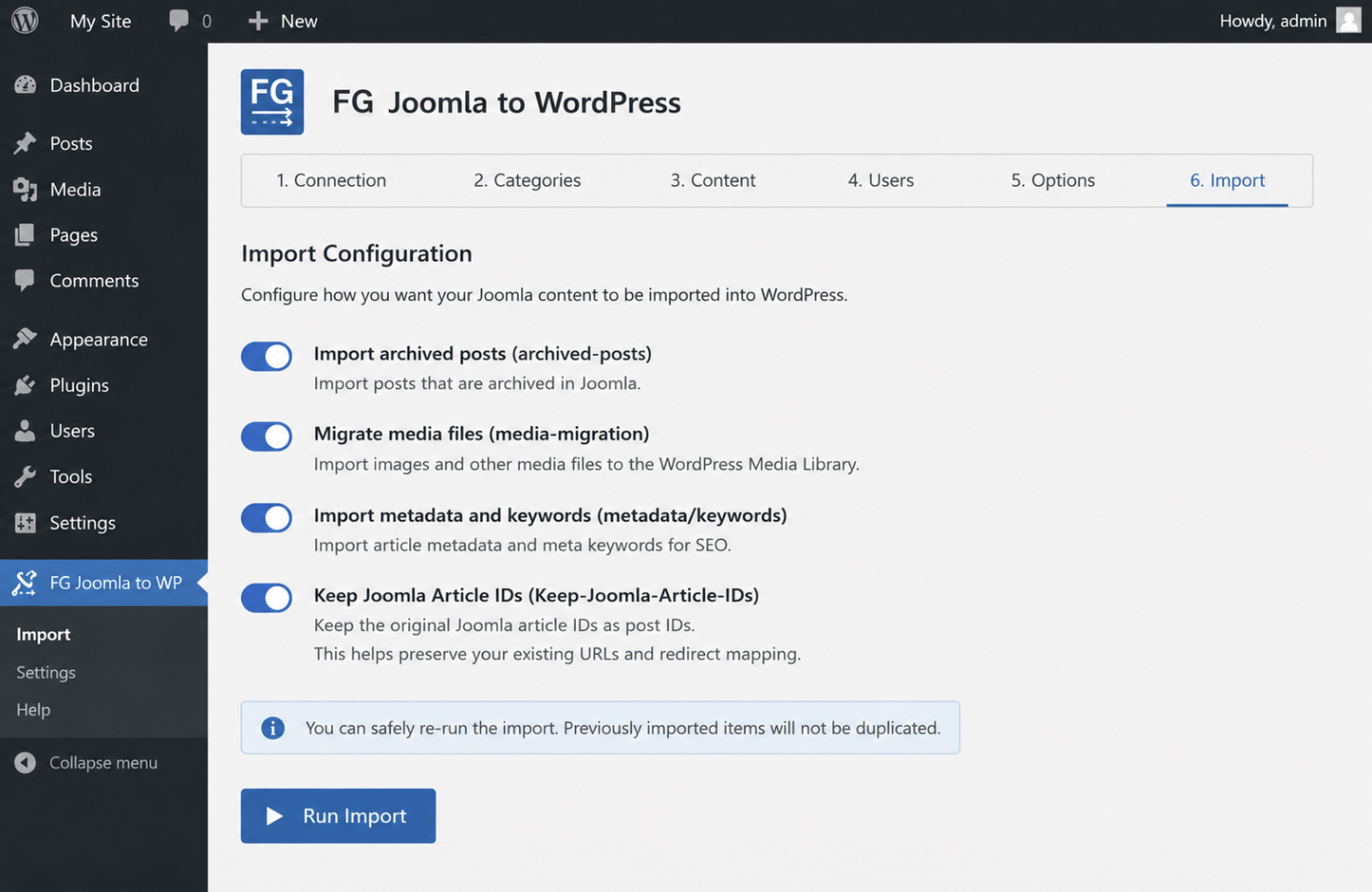 FG plugin's import-configuration panel