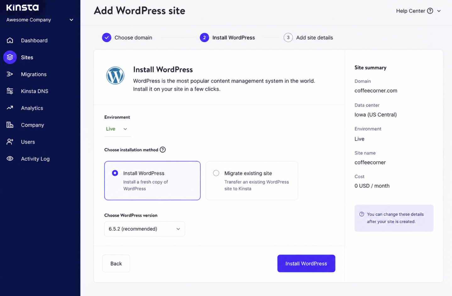 Add a WordPress website in Kinsta