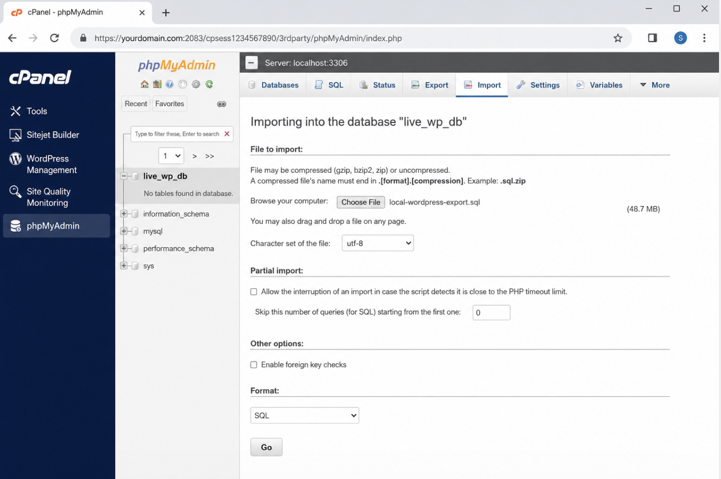 LIVE server phpMyAdmin