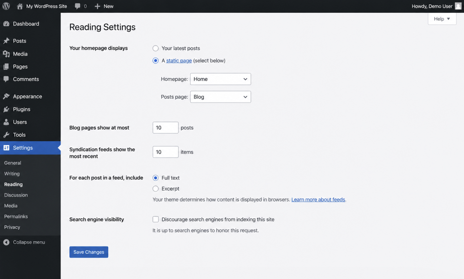 WP reading settings
