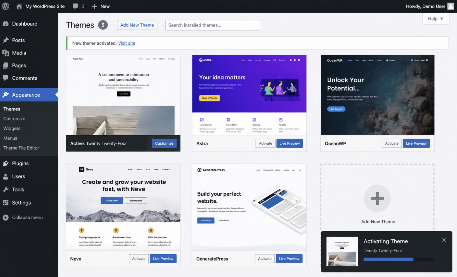 theme directory with a theme being activated