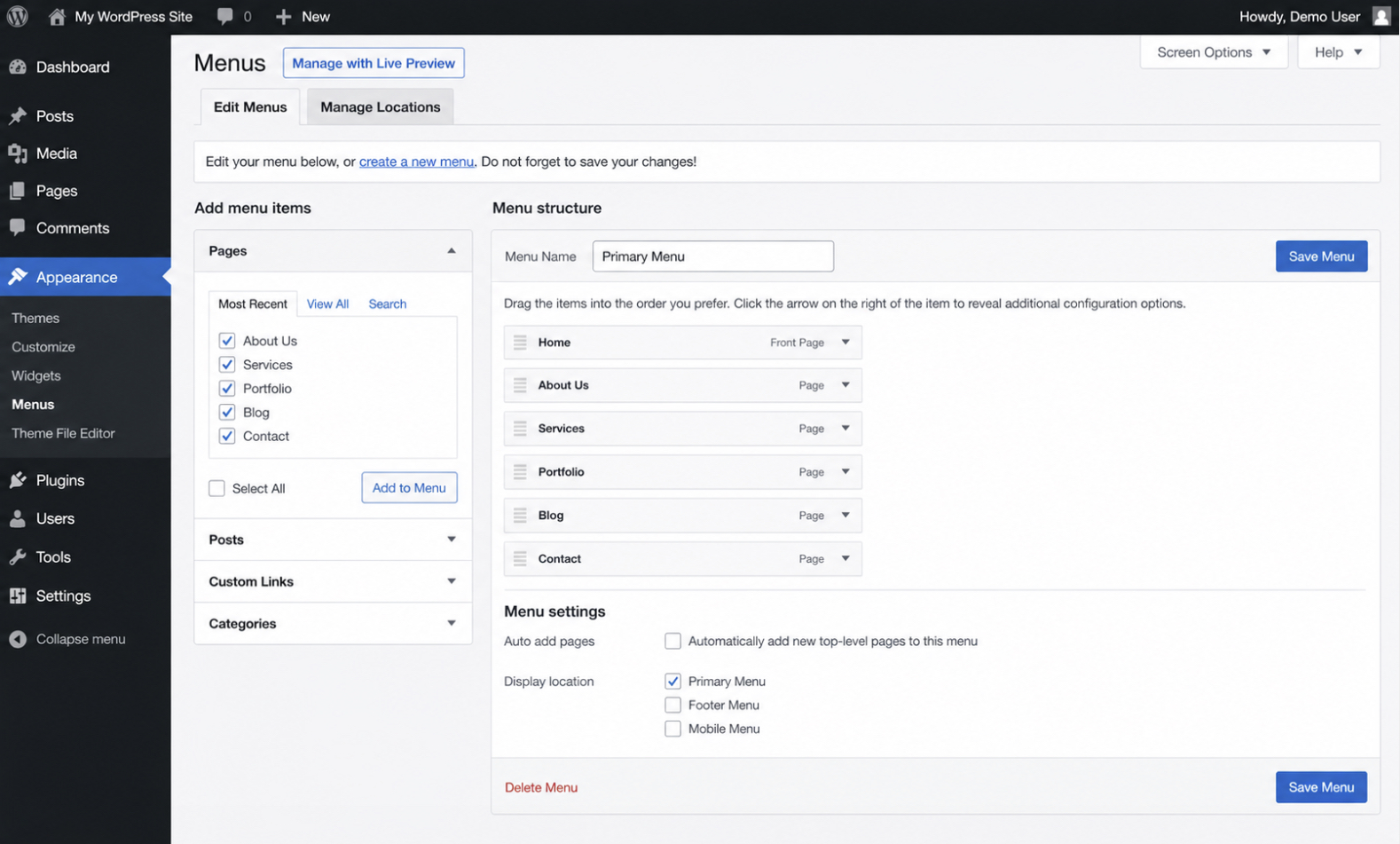 WordPress Appearance Menus screen
