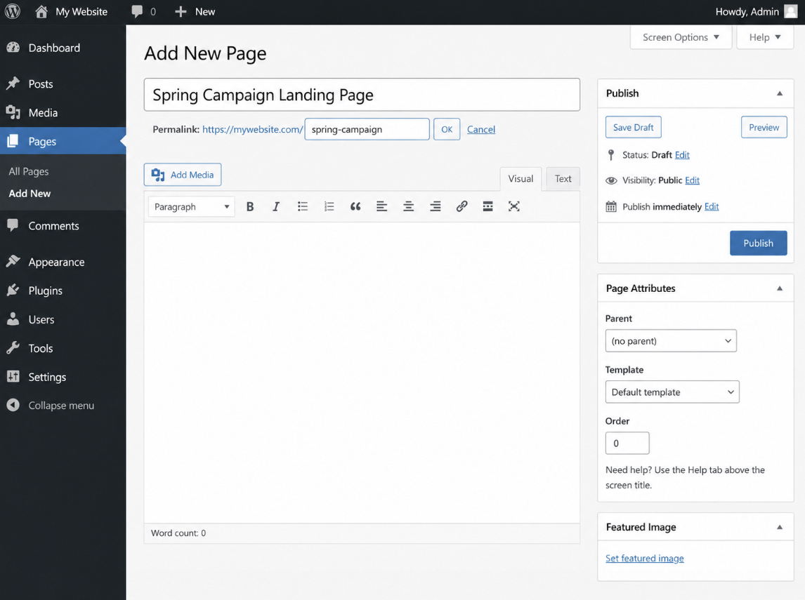 WordPress Pages > Add New screen