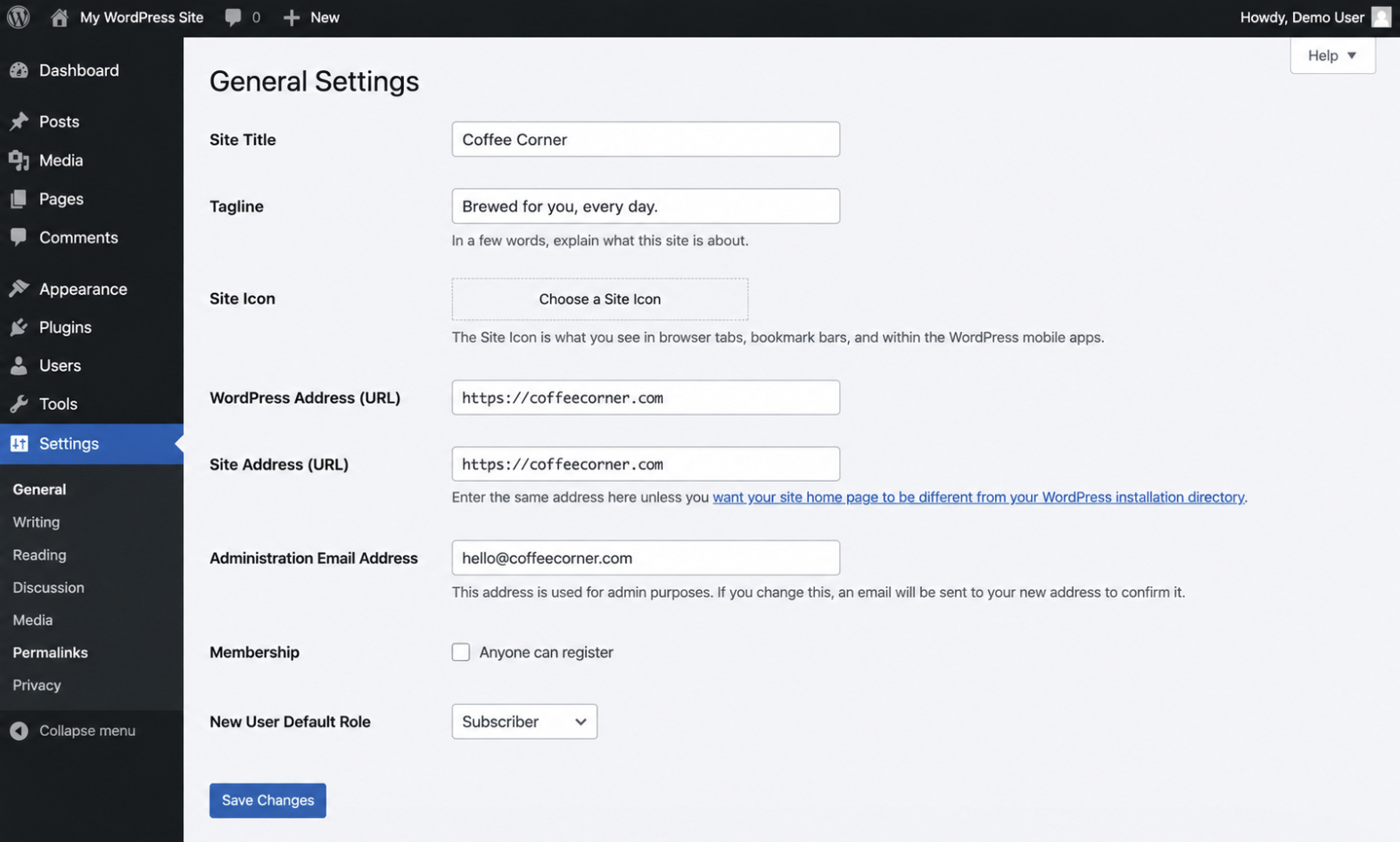 WordPress Settings General screen