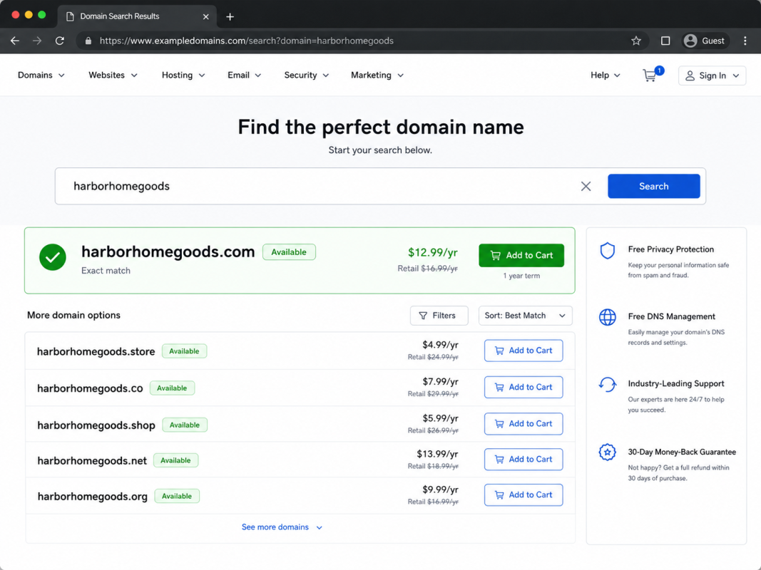 a domain registrar search box
