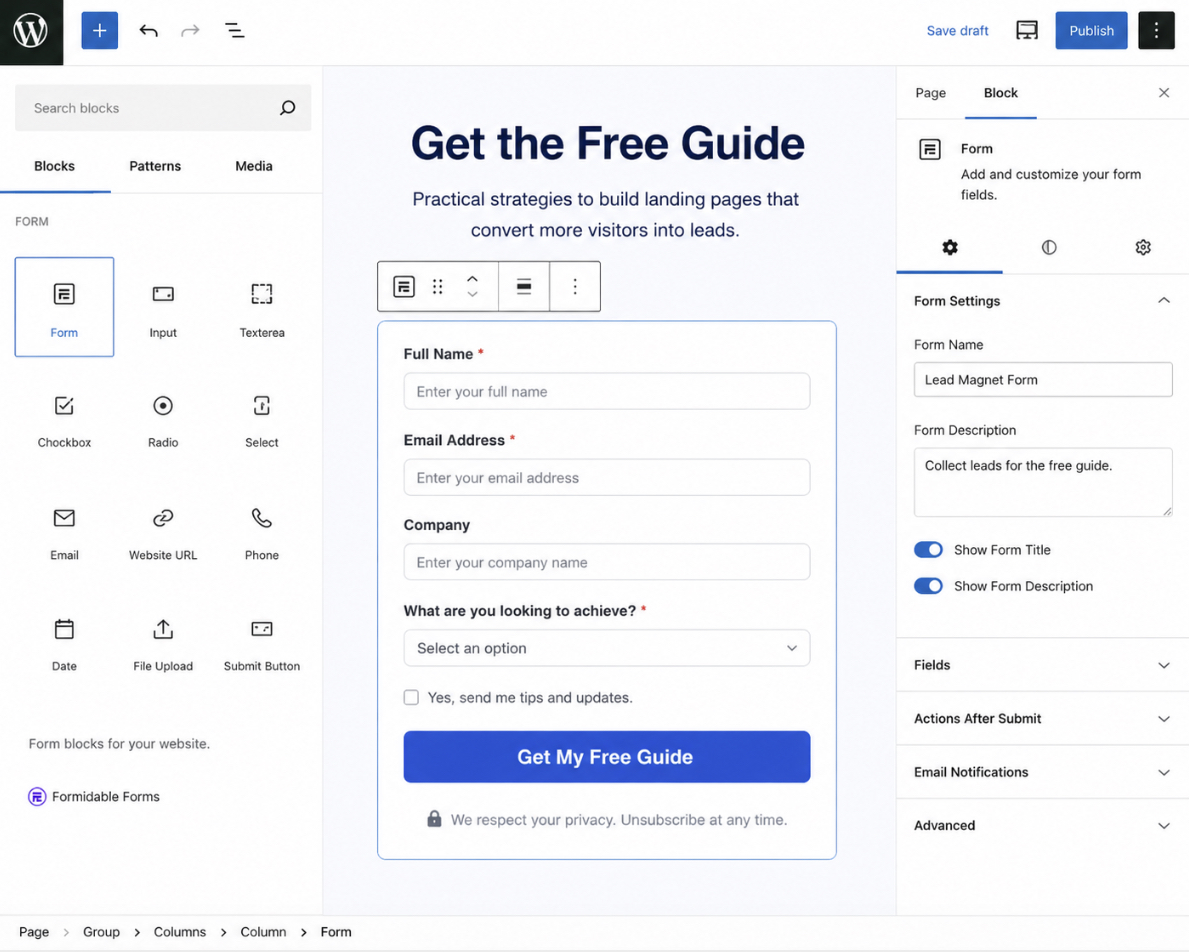 form block / form-plugin field setup in the editor