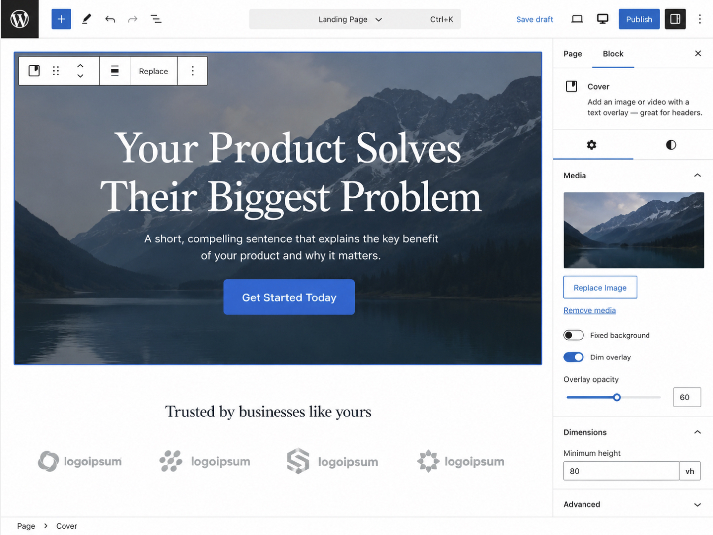 landing-page hero/cover block open in the editor