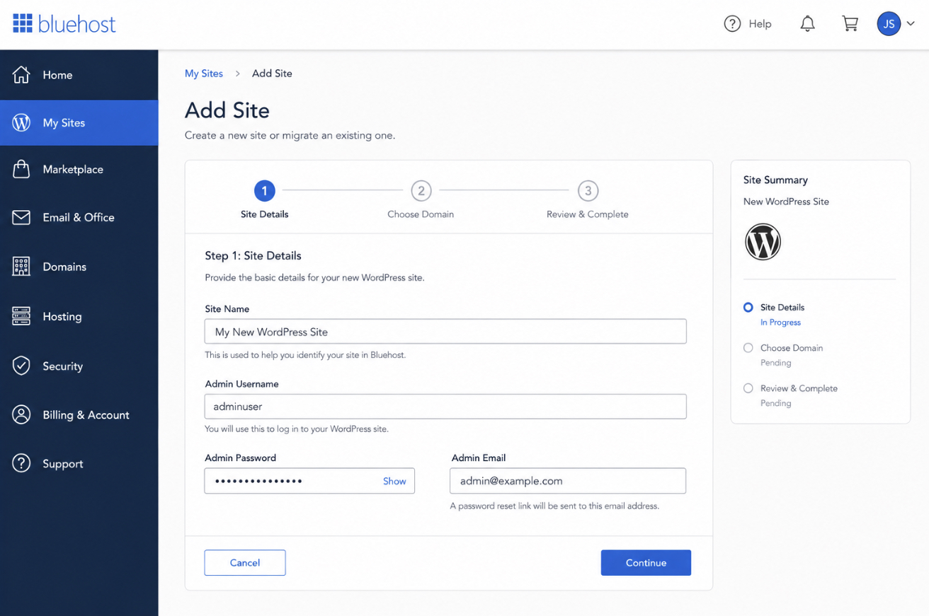 Bluehost "My Sites > Add Site