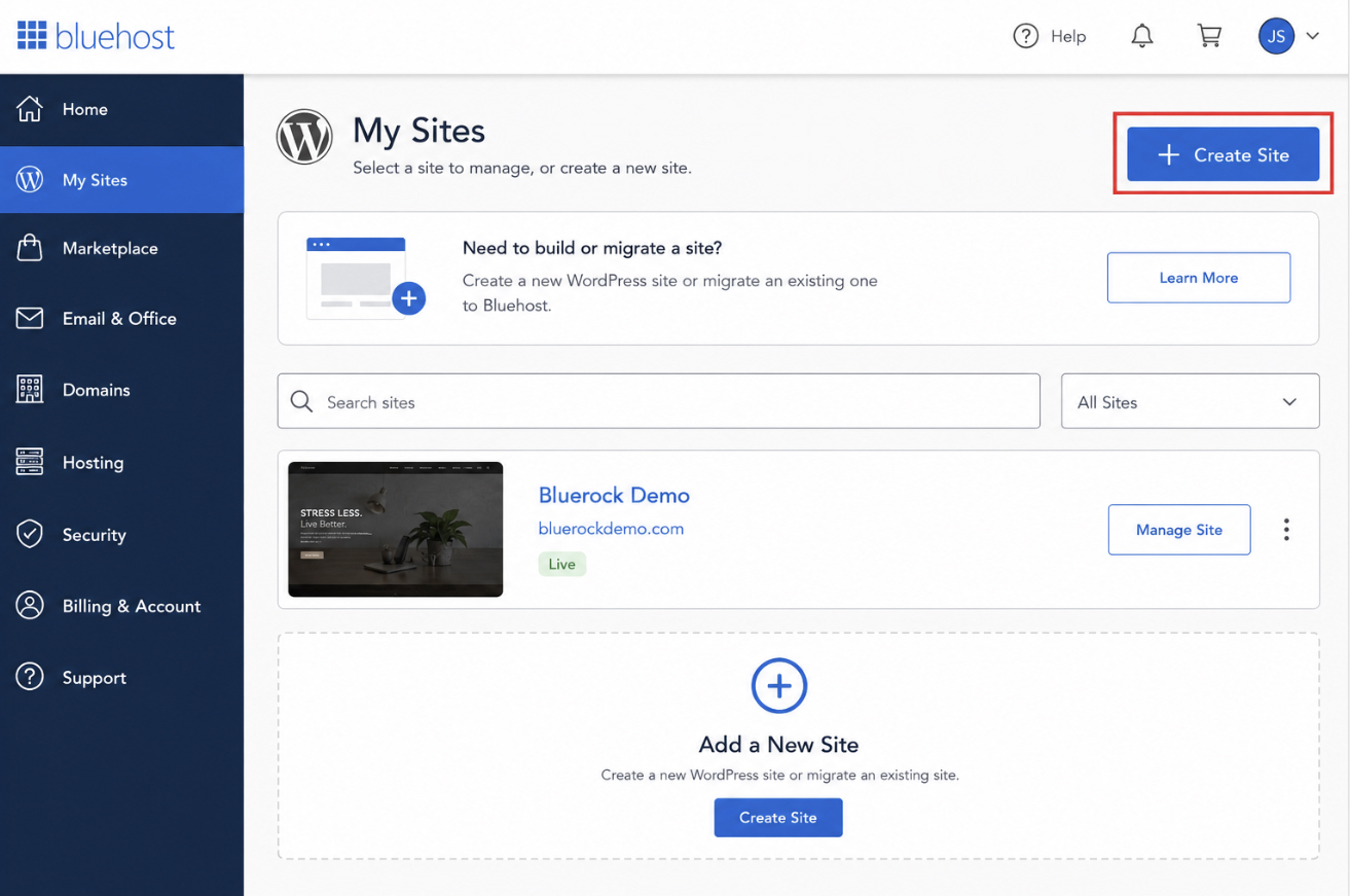 Bluehost account dashboard with the "Create Site"/"Add Site
