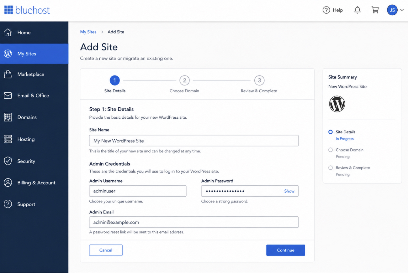 Bluehost guided-installer form screen