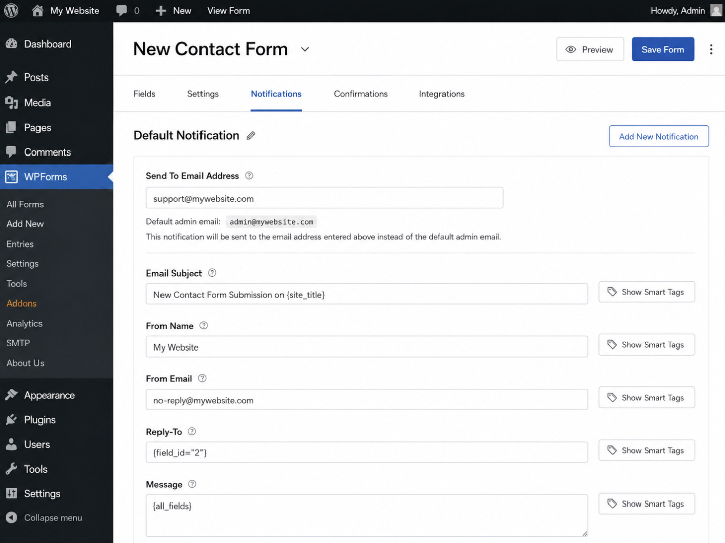 The screenshot of the notification settings panel shows the recipient field where the admin email sits and where a different address is entered.
