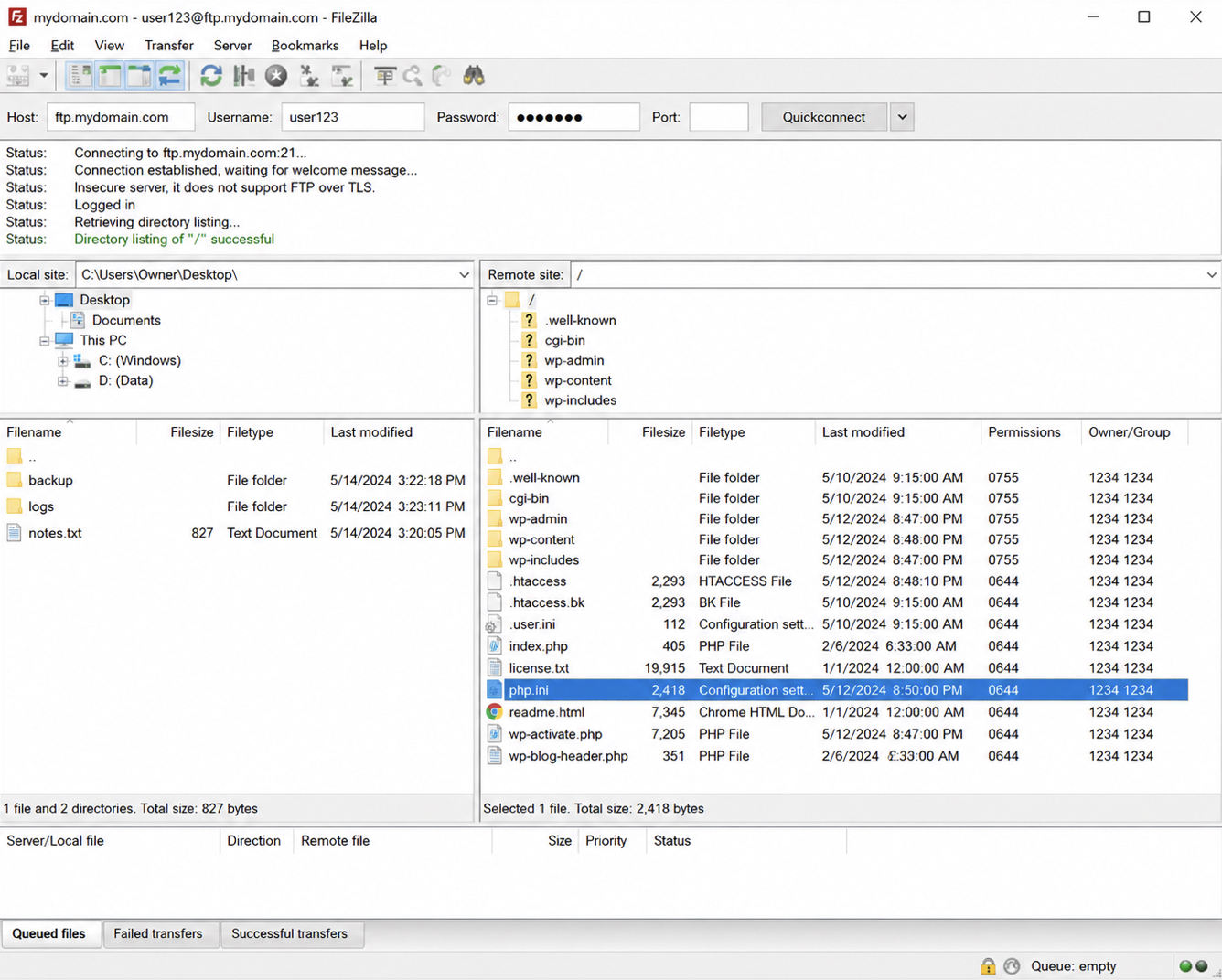 FileZilla connected to the WordPress host