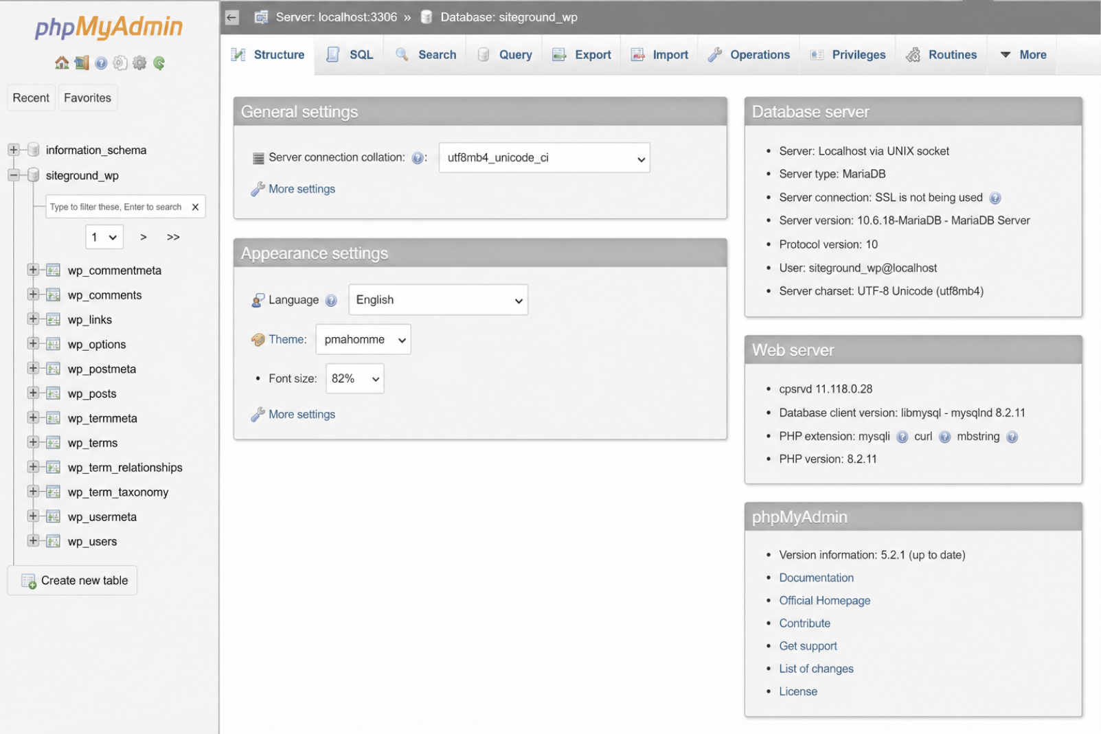 WordPress Core Tables Inside phpMyAdmin