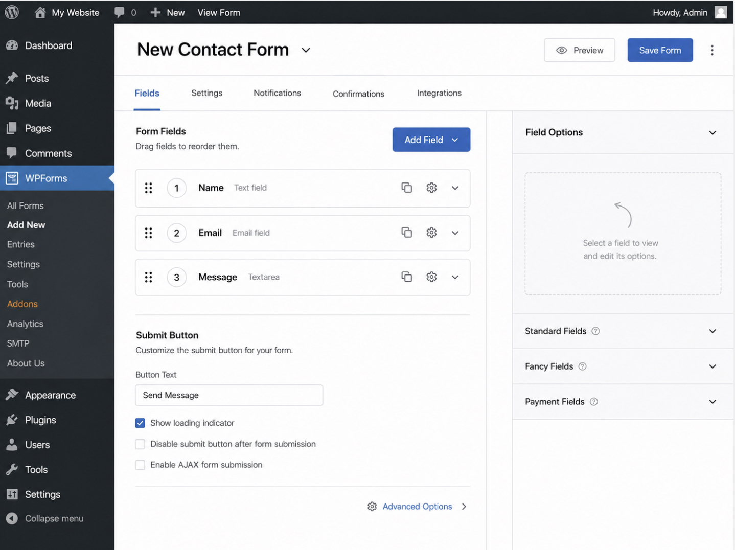 WordPress admin form-builder with the name, email, and message fields added; the field list shows each field in the order a visitor completes it