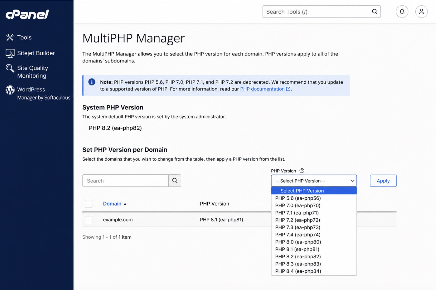 cPanel MultiPHP Manager