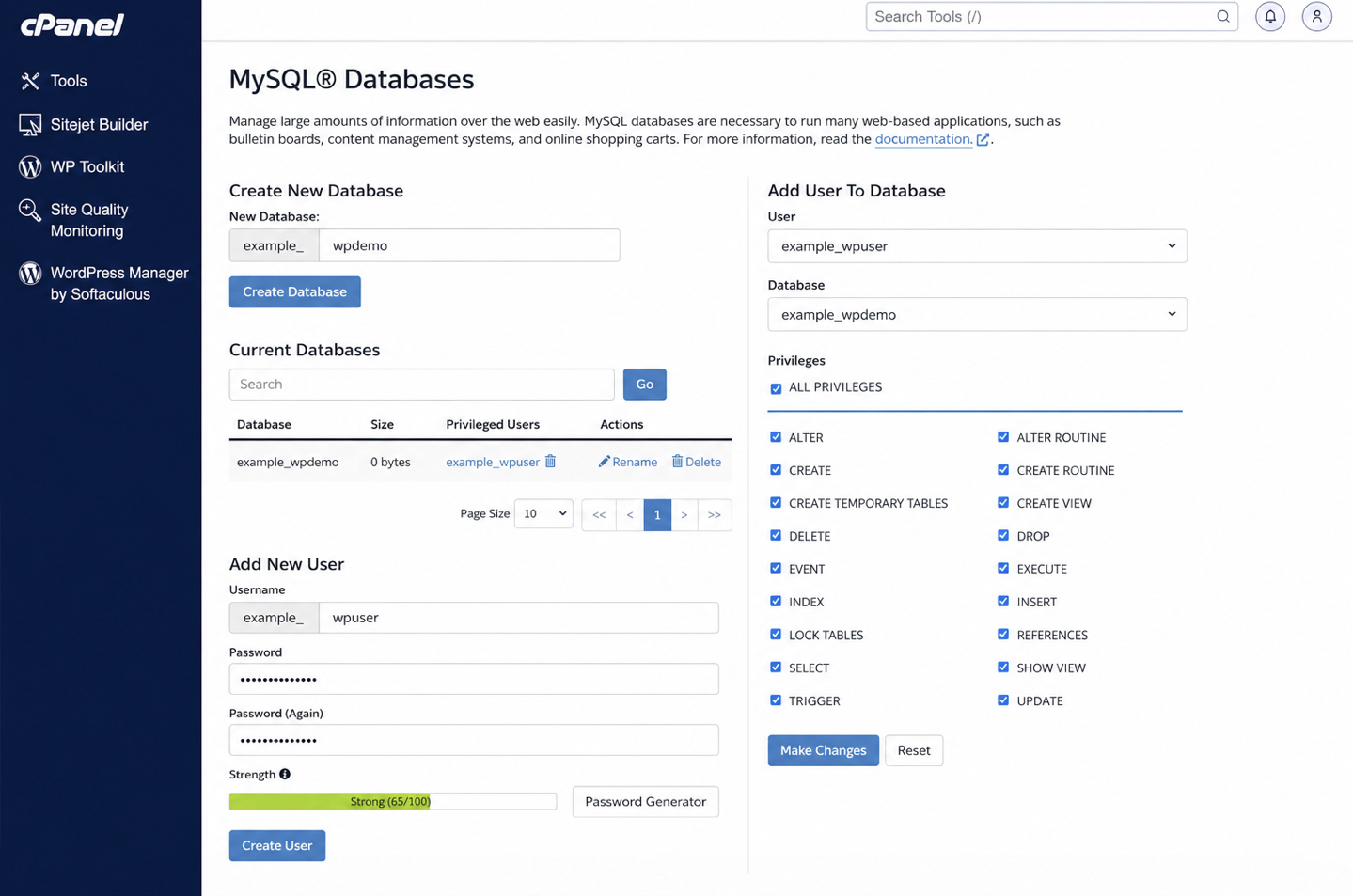 cPanel MySQL Databases tool