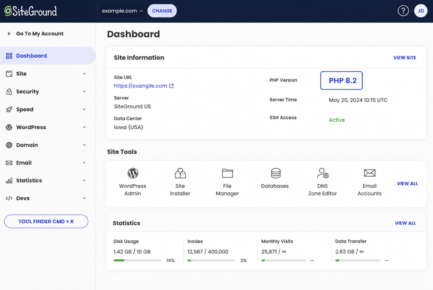 control panel panel showing the active PHP version label