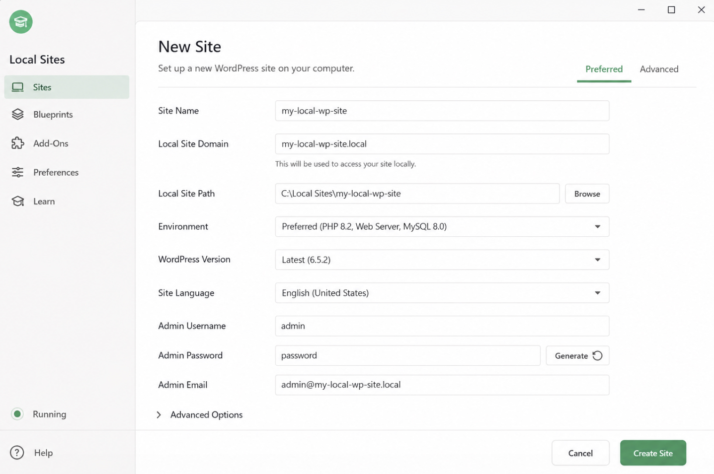 fresh local WordPress site being created