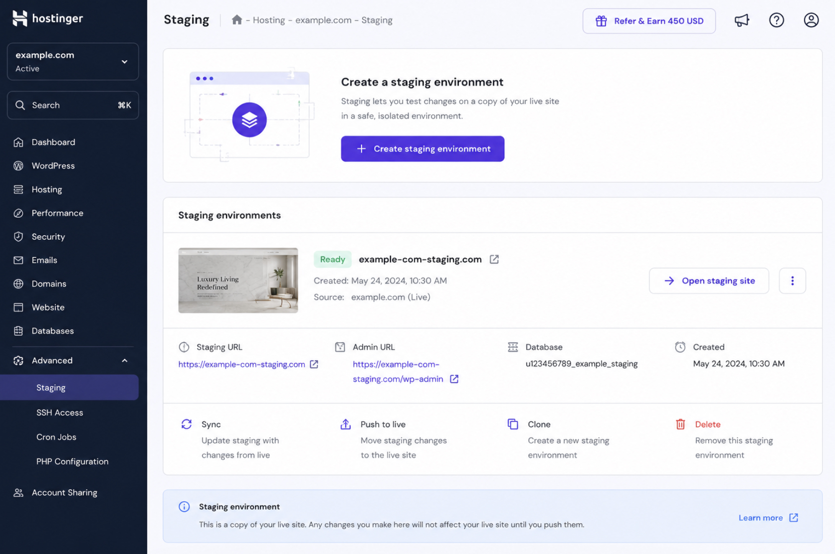 hosting dashboard duplicate environment