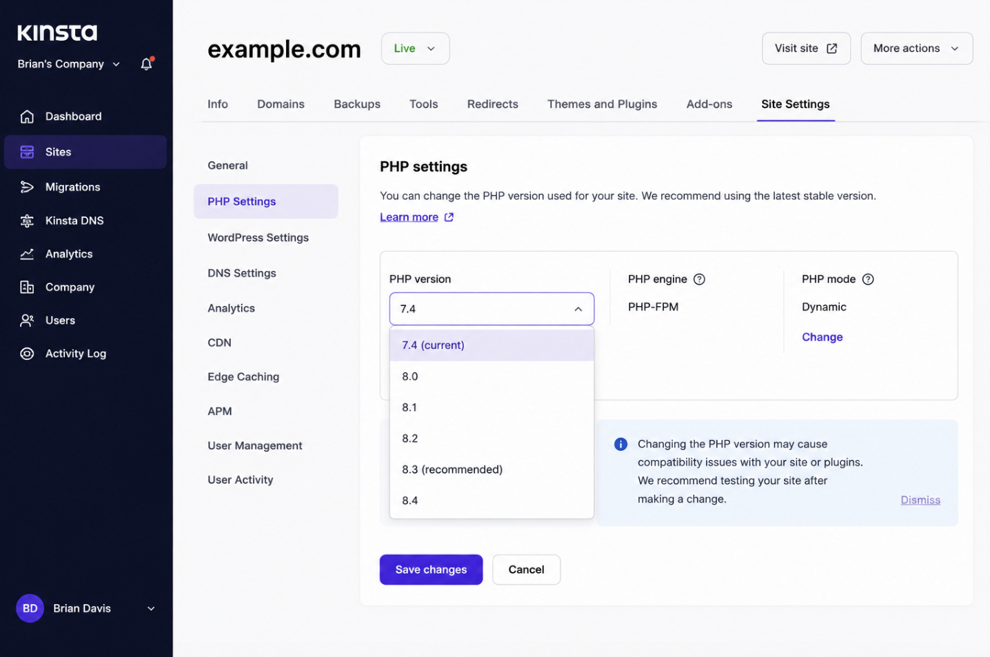 managed-host dashboard PHP-settings panel