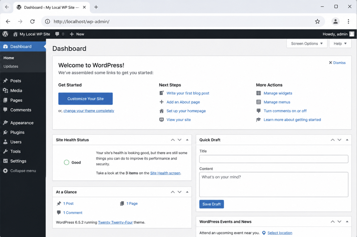 wp-admin dashboard of a newly created local site