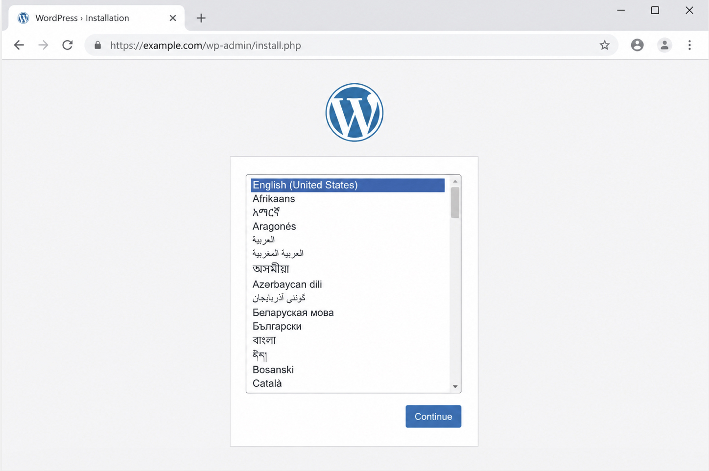 wp-admin first install screen