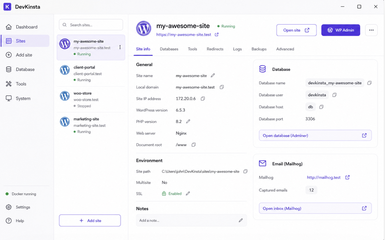 DevKinsta container-based managed environment