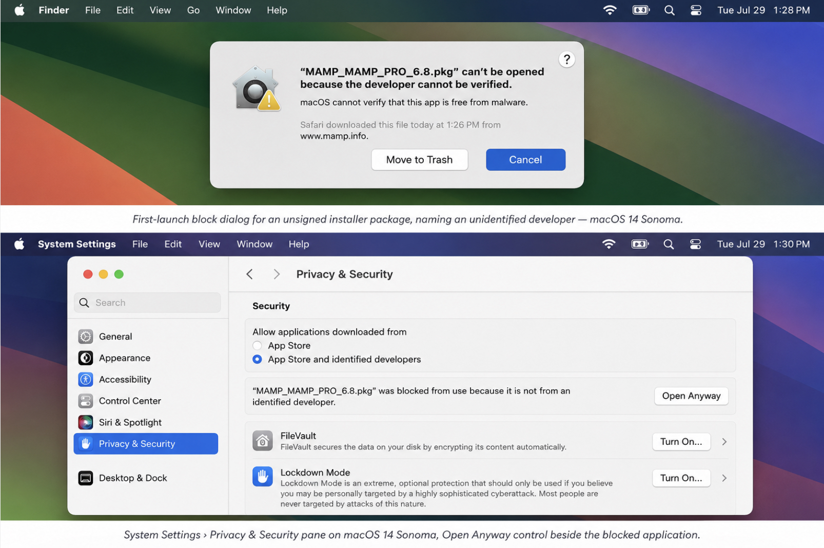 The first-launch block macOS raises for a downloaded route installer package it cannot verify, captured on macOS 14 Sonoma.